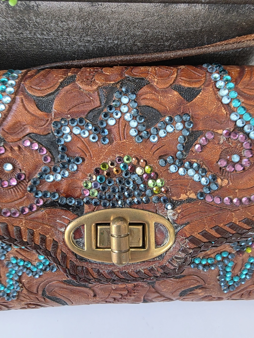 Vintage Roth & Madge Swarovski Crystal Tooled Leather Mini Bag Wristlet - Picture 7 of 17